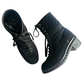 Chanel Tweed Chain Combat Boots Black