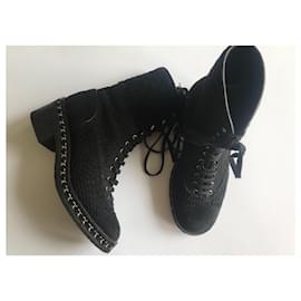 Chanel-Tweed Chain Combat Boots-Black