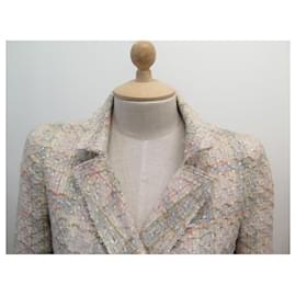 Chanel-CHANEL LONG CHECKED COAT P25994V16010 36 S IN ECRU TWEED COAT-Cream