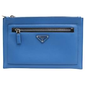 Prada-Prada Men's Zipped Clutch Bag in Sea Blue Saffiano Leather-Blue