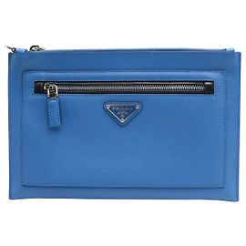 Prada Pochette con Zip da Uomo in Pelle Saffiano Blu Mare Blu