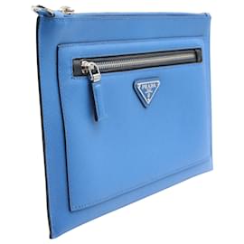 Prada-Prada Men's Zipped Clutch Bag in Sea Blue Saffiano Leather-Blue