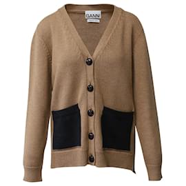 Ganni-Ganni Button-Front Cardigan in Brown Merino Wool-Beige