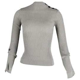 Roland Mouret-Roland Mouret Ribbed Long Sleeve Top in Metallic Grey Viscose-Grey
