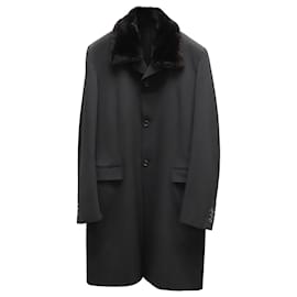 Prada-Prada Single-Breasted Fur-Trimmed Trench Coat in Black Polyester-Black