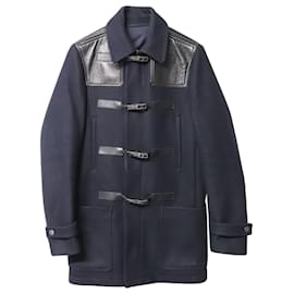 Valentino Garavani-Valentino Duffle Coat com detalhe de couro no ombro em lã azul marinho-Azul marinho