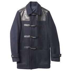 Valentino Garavani Valentino Duffle Coat with Leather Shoulder Detail in Navy Blue Wool  Navy blue