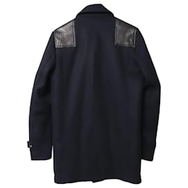 Valentino Garavani-Valentino Duffle Coat with Leather Shoulder Detail in Navy Blue Wool -Navy blue