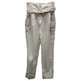 Brunello Cucinelli-Brunello Cucinelli Pantalone a Righe con Cintura in Lino Bianco-Altro