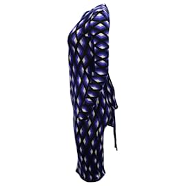 Diane Von Furstenberg-Vestido a media pierna ajustado con lazo en la cintura de Diane Von Furstenberg en lana de merino con estampado azul-Otro