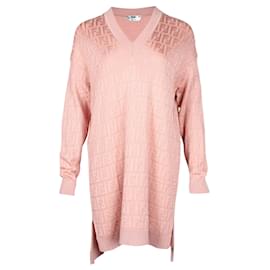 Fendi-Fendi Abito Pull oversize en maille à col en V et motif FF en coton rose-Rose