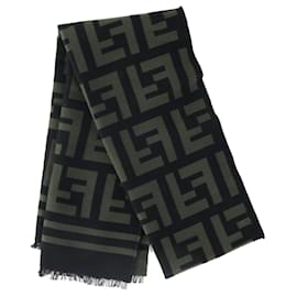 Fendi-Fendi FF Pattern Fringe Scarf in Black and Green Wool-Other