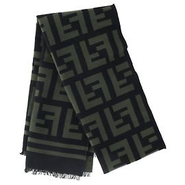 Sciarpa Frange Fendi Pattern FF in Lana Nera e Verde Altro