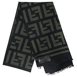 Fendi-Fendi FF Pattern Fringe Scarf in Black and Green Wool-Other