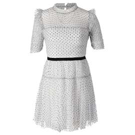 Self portrait-Self-Portrait Ruched Pleated Polka-Dot Mini Dress in White Polyester Tulle -White