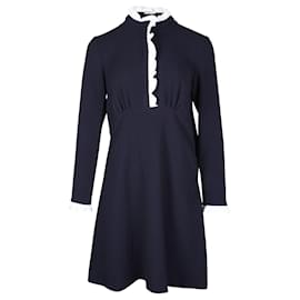 Sandro-Sandro Paris Ruffle Trim Knee-Length Dress in Navy Blue Polyester-Blue,Navy blue