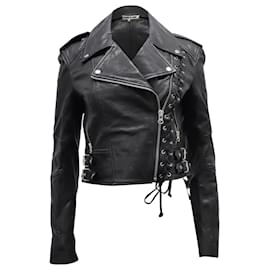 Alexander Mcqueen-Alexander McQueen McQ Corset Detail Biker Jacket in Black Leather-Black
