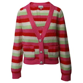 Ganni-Ganni Crystal Button Striped Cardigan aus mehrfarbiger Wolle-Mehrfarben