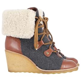 Tory Burch-Tory Burch Marley Flannel Wedge Boots in Brown Leather-Brown