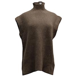 Ganni-Ganni High Neck Ribbed-Knit Vest in Brown Wool-Brown