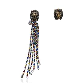 Gucci-Lion Head Asymmetric Cascade Earrings With Multicolor Crystals-Golden