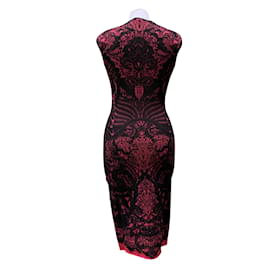 Alexander Mcqueen-Red Black Lace Intarsia Bodycon Dress Size S-Red