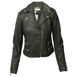 Michael Kors Biker Jacket in Army Green Leather Green