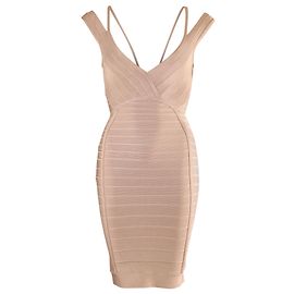 Herve Leger Vestido midi bandagem com decote em V em rayon nude Carne