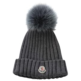 Moncler-Moncler Beanie with Pom Pom in Grey Virgin Wool-Grey