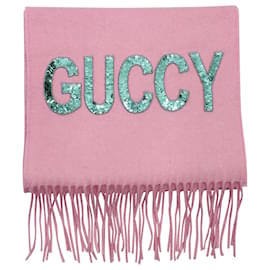 Gucci-Pañuelo Gucci con adorno de lentejuelas y flecos en mezcla de seda rosa y cachemir-Rosa