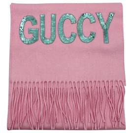 Gucci-Pañuelo Gucci con adorno de lentejuelas y flecos en mezcla de seda rosa y cachemir-Rosa