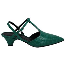 Marni Point Toe T-Bar Sandals in Green Croc-Effect Leather Green