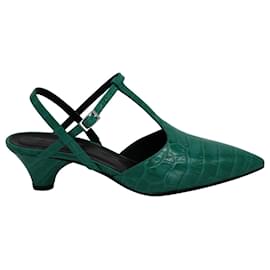 Marni-Marni Point Toe T-Bar Sandals in Green Croc-Effect Leather-Green