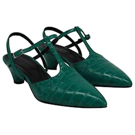 Marni-Marni Point Toe T-Bar Sandals in Green Croc-Effect Leather-Green