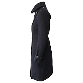 Burberry-Trench Coat Burberry con petto foderato e dettaglio in pelle in lana nera-Nero