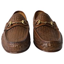 Gucci-Gucci Woven Horsebit Loafers in Brown Leather-Brown