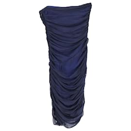 Diane Von Furstenberg-Diane Von Furstenberg Lelette Strapless Ruched Midi Dress in Navy Blue Silk-Blue,Navy blue