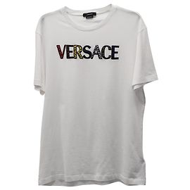 Camiseta de algodón blanco con logo estampado de Versace Blanco