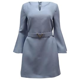 Valentino-Valentino Crystal-embellished Belted Mini Dress in Light Blue Wool-Blue,Light blue