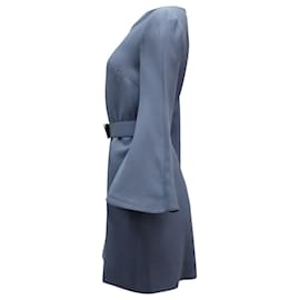 Valentino-Valentino Crystal-embellished Belted Mini Dress in Light Blue Wool-Blue,Light blue
