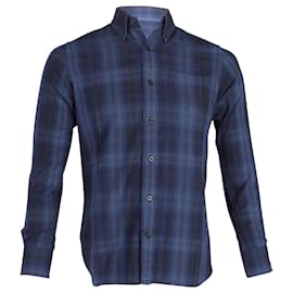 Tom Ford-Tom Ford Plaid Button-Down Shirt in Navy Blue Cotton-Blue,Navy blue