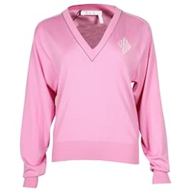 Chloé-Chloe Diamond Logo V-Neck Sweater in Dahlia Pink Cotton-Pink