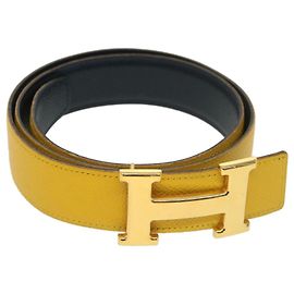 Hermès Ceinture HERMES Constance Cuir 35.4"" Jaune Marine Auth 39202 Jaune Bleu Marine