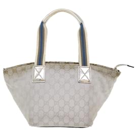 Gucci-GUCCI GG Canvas Sherry Line Tote Bag Silver Blue gray 131223 Auth yt974-Silvery,Blue,Grey
