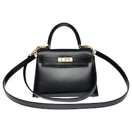 Hermès-Mini-Kelly-Handtasche 20 schwarzer Lederschultergurt cm-101136-Schwarz