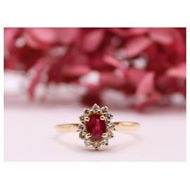 Autre Marque-Bague marguerite rubis central et entourage de diamants or jaune 750%o-Rouge,Bijouterie dorée