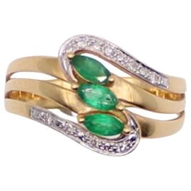 Autre Marque-Trilogie-Ring aus Shuttle-Smaragden und Gelbgold-Diamanten 750%O-Hellgrün,Gold hardware