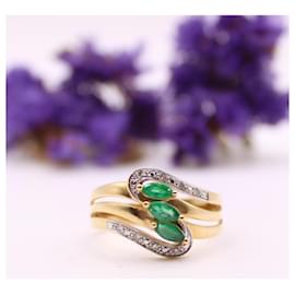 Autre Marque-Anello trilogy di smeraldi a navetta e diamanti in oro giallo 750%O-Verde chiaro,Gold hardware