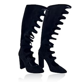 Saint Laurent-Black Cut Out Suede High Cage Boots Size 39-Black