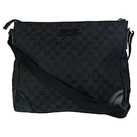 Gucci-GG Web Canvas Crossbody Messenger Bag-Black,Silver hardware